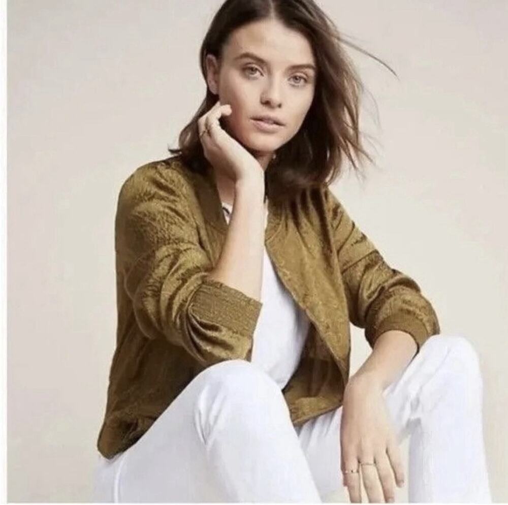 Maeve by Anthropologie Green Floral Bomber Jacket Full Zip Pockets Size S